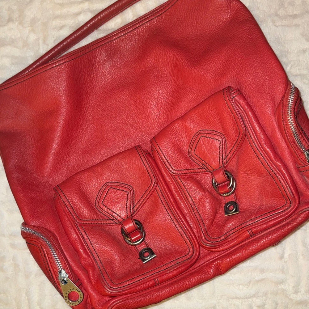 Vintage Marc by Marc Jacobs Double Pocket Coral Red Leather Shoulder Bag - Picture 1 of 11